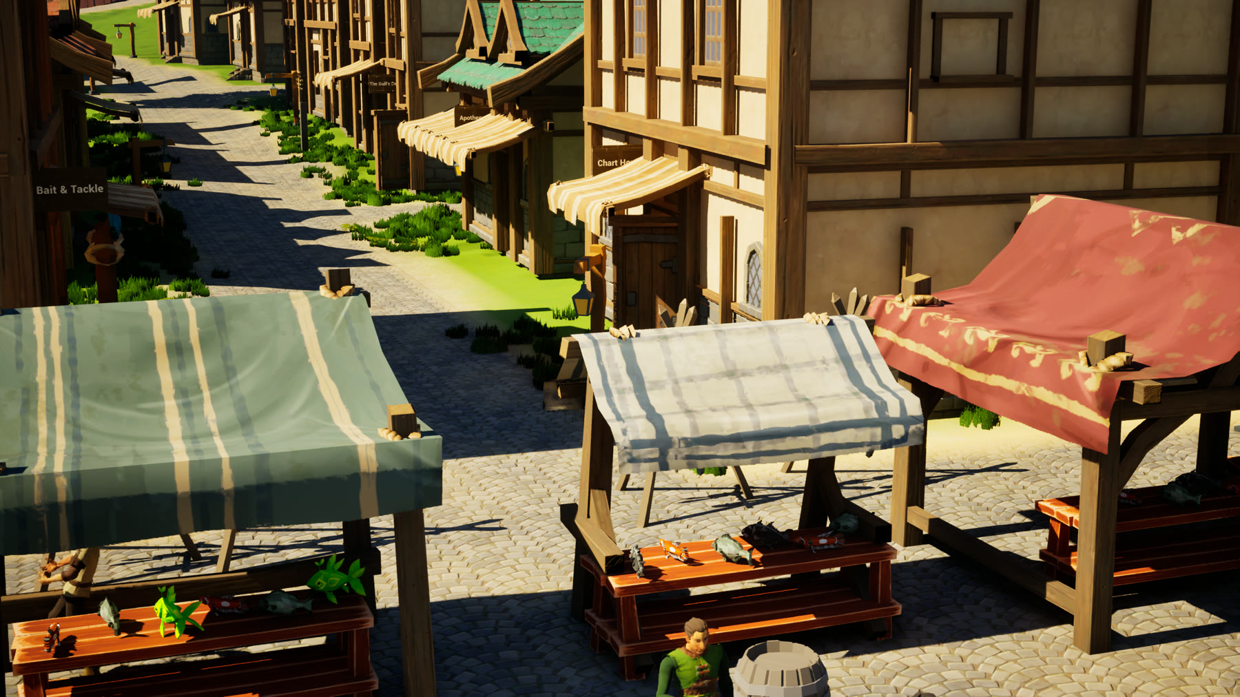 Market stalls on a cobbled street in Brinehollow
